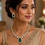 Emerald Green Moissanite Polki Teardrop Pendant Jaipuri Kundan Necklace Set with Statement Earrings