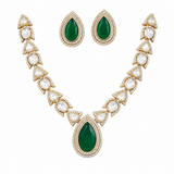 Emerald Green Moissanite Polki Teardrop Pendant Jaipuri Kundan Necklace Set with Statement Earrings