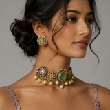 Royal Navratna Jaipuri Kundan Floral Choker Set with Pearl Drops