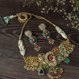 Gold Plated Multicolored Womens Kundan Choker Necklace Set with Pair of Earrings