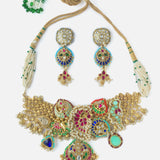 Gold Plated Multicolored Womens Kundan Choker Necklace Set with Pair of Earrings
