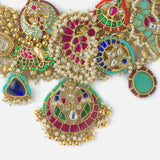 Gold Plated Multicolored Womens Kundan Choker Necklace Set with Pair of Earrings