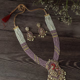Gold Plated Pink & White Womens Beads Long Necklace Set with Pair of Earrings