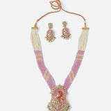 Gold Plated Pink & White Womens Beads Long Necklace Set with Pair of Earrings