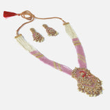 Gold Plated Pink & White Womens Beads Long Necklace Set with Pair of Earrings