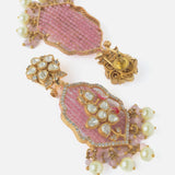 Gold Plated Pink & White Womens Beads Long Necklace Set with Pair of Earrings