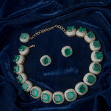 Silver Plated Green Womens Synthetic Stone Choker Necklace Set with Pair of Earrings