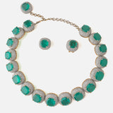 Silver Plated Green Womens Synthetic Stone Choker Necklace Set with Pair of Earrings