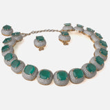 Silver Plated Green Womens Synthetic Stone Choker Necklace Set with Pair of Earrings