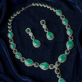 Silver Plated Green Womens Synthetic Stone Short Necklace Set with Pair of Earrings