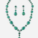 Silver Plated Green Womens Synthetic Stone Short Necklace Set with Pair of Earrings