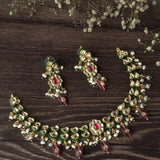Gold Plated Pink Womens Kundan Short Necklace Set with Pair of Earrings
