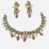Gold Plated Pink Womens Kundan Short Necklace Set with Pair of Earrings