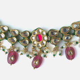 Gold Plated Pink Womens Kundan Short Necklace Set with Pair of Earrings