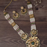 Saadgi Gold Plated Green Womens Long Necklace Set with Pair of Earrings