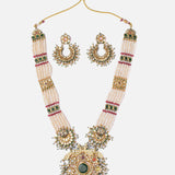 Saadgi Gold Plated Green Womens Long Necklace Set with Pair of Earrings