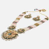 Saadgi Gold Plated Green Womens Long Necklace Set with Pair of Earrings
