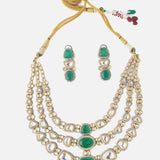 Gold Plated Green Womens Kundan Short Necklace Set with Pair of Earrings
