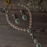 Silver Plated Multicolored Womens Synthetic Stone Long Necklace Set with Pair of Earrings
