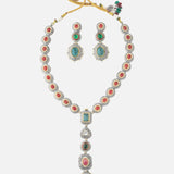 Silver Plated Multicolored Womens Synthetic Stone Long Necklace Set with Pair of Earrings