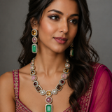 Multicolor Gemstone Statement Necklace Set with Designer Earrings