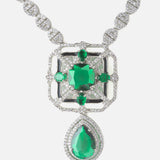 Silver Plated Green Womens Zircon Short Necklace Set with Pair of Earrings