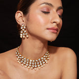 Gold Plated Kundan Polki With Bead Drop Choker Necklace & Earrings Set
