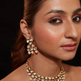 Gold Plated Kundan Polki With Bead Drop Choker Necklace & Earrings Set