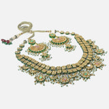 Gold Plated Womens Kundan Short Necklace Set with Pair of Earrings