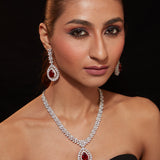 Rhodium Plated Zircon Studded With Red Synthetic Stone Pendant Necklace & Drop Earrings Set