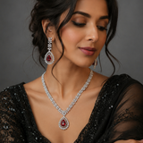 Ruby Red Teardrop Cubic Zirconia  Look Necklace Set with Statement Earrings