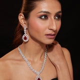 Rhodium Plated Zircon Studded With Red Synthetic Stone Pendant Necklace & Drop Earrings Set