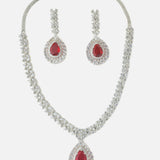 Rhodium Plated Zircon Studded With Red Synthetic Stone Pendant Necklace & Drop Earrings Set