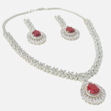 Rhodium Plated Zircon Studded With Red Synthetic Stone Pendant Necklace & Drop Earrings Set
