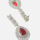 Rhodium Plated Zircon Studded With Red Synthetic Stone Pendant Necklace & Drop Earrings Set