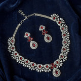 Silver Plated Red Womens Zircon Short Necklace Set with Pair of Earrings