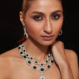 Rhodium Plated Zircon With Green Emerald Synthetic Stone Pendant Necklace & Drop Earrings Set