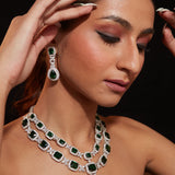 Rhodium Plated Zircon With Green Emerald Synthetic Stone Pendant Necklace & Drop Earrings Set