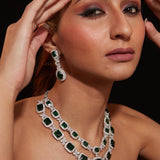 Rhodium Plated Zircon With Green Emerald Synthetic Stone Pendant Necklace & Drop Earrings Set