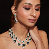 Rhodium Plated Zircon With Green Emerald Synthetic Stone Pendant Necklace & Drop Earrings Set