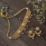 Gold Plated Womens Beads Choker Necklace Set with Pair of Earrings