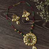 Gold Plated Red & Green Womens Synthetic Stone Long Necklace Set with Pair of Earrings