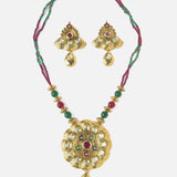 Gold Plated Red & Green Womens Synthetic Stone Long Necklace Set with Pair of Earrings