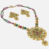 Gold Plated Red & Green Womens Synthetic Stone Long Necklace Set with Pair of Earrings