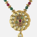 Gold Plated Red & Green Womens Synthetic Stone Long Necklace Set with Pair of Earrings