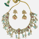 Gold Plated Multicolored Womens Kundan Choker Necklace Set with Pair of Earrings