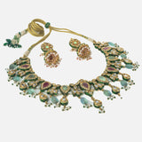 Gold Plated Multicolored Womens Kundan Choker Necklace Set with Pair of Earrings