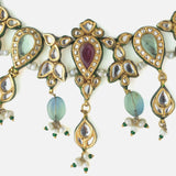 Gold Plated Multicolored Womens Kundan Choker Necklace Set with Pair of Earrings