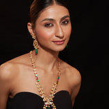 Gold Plated Kundan With Enamelled Stone Long Necklace & Earrings Set