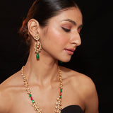 Gold Plated Kundan With Enamelled Stone Long Necklace & Earrings Set